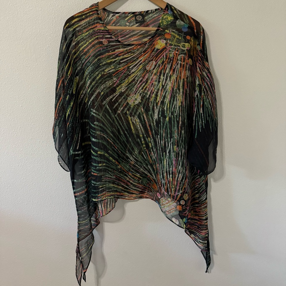 Cocoon House Silk Sheer Blouse Black Multi Abstract Paint Splatter Sharkbite-S/M